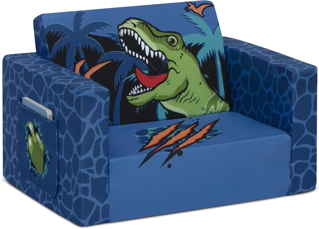 Delta Children Cozee Kids Couch 2-Seater Kids Sofa, Convertible 2-in-1 Flip Open Toddler Couch Sleeper, Foam Chair for Playroom & Bedroom, Bed Lounger, Comfy Play Sleeping Lounge Chair, Dinosaur