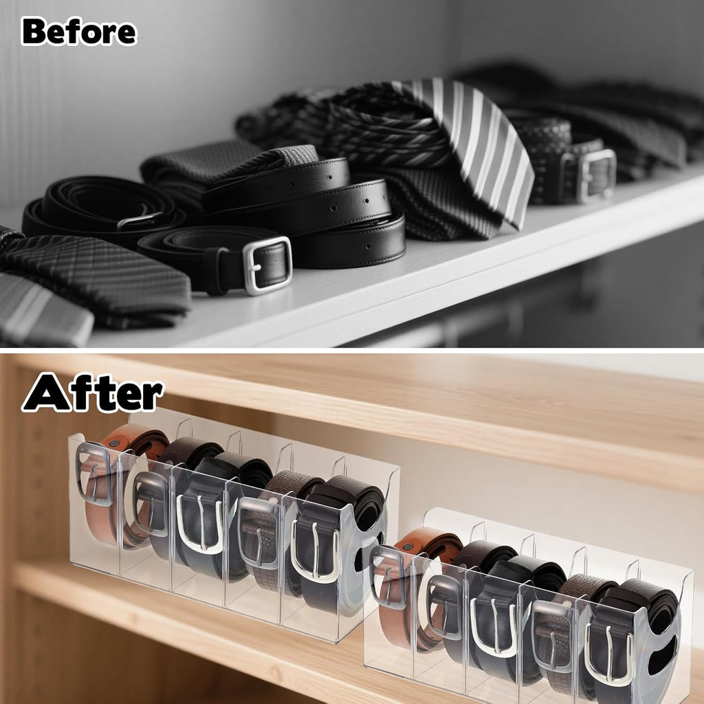 2 Pack Acrylic Belt Organizer Clear Stackable Belt Storage Holder Purse Organizer for Closet - 5 Compartments with Removable Dividers,Display Case Pantry Cabinet Organizers for Ties,Socks,Underwear