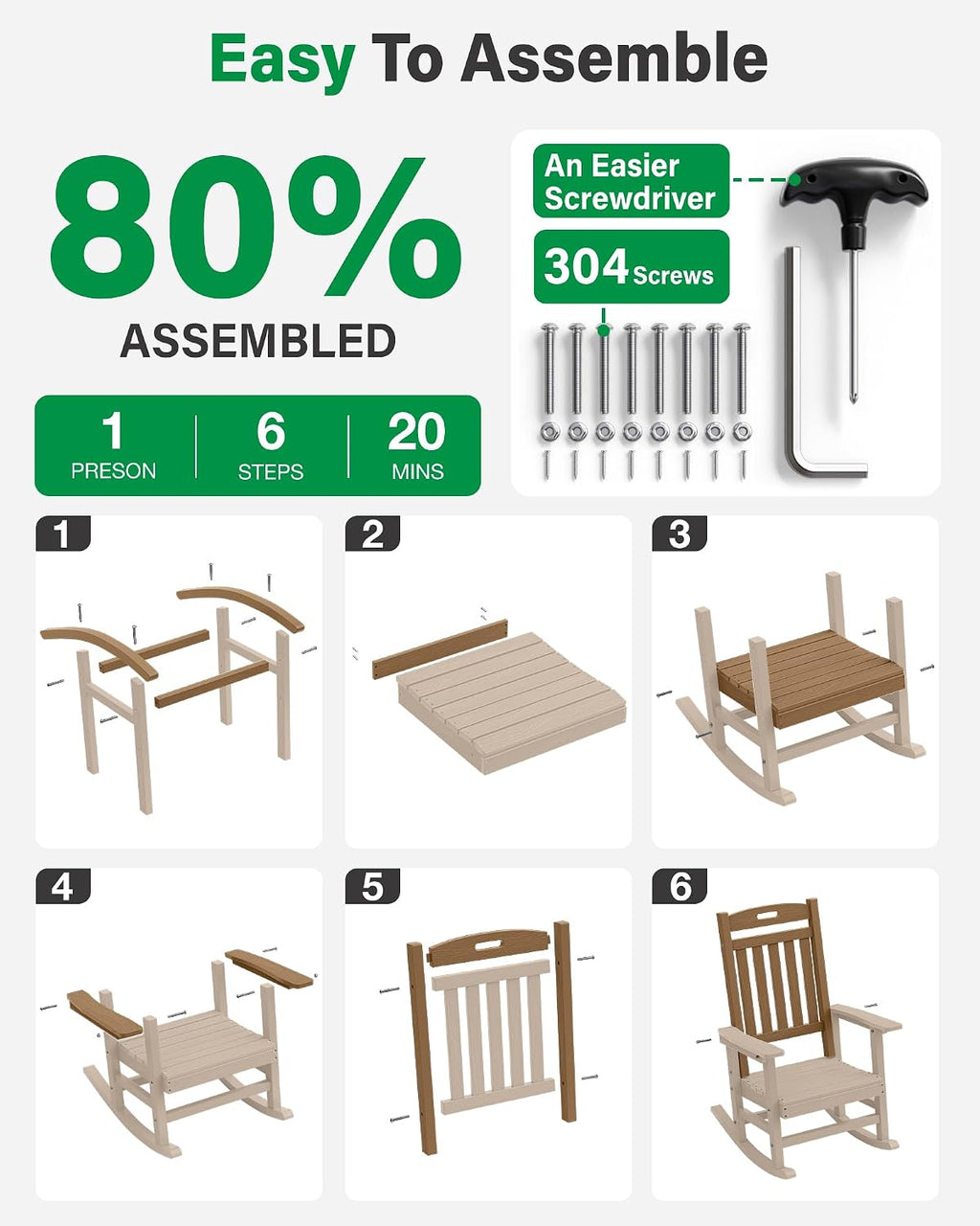 YEFU Outdoor Rocking Chairs Set of 2, HIPS Rocking Chair, Teak | Weather Resistant,Porch Rocker for Adult, Poly Patio Rocker, Like Real Wood, Durable&Sturdy,Easy Assembly, Heavy Duty 350 lbs