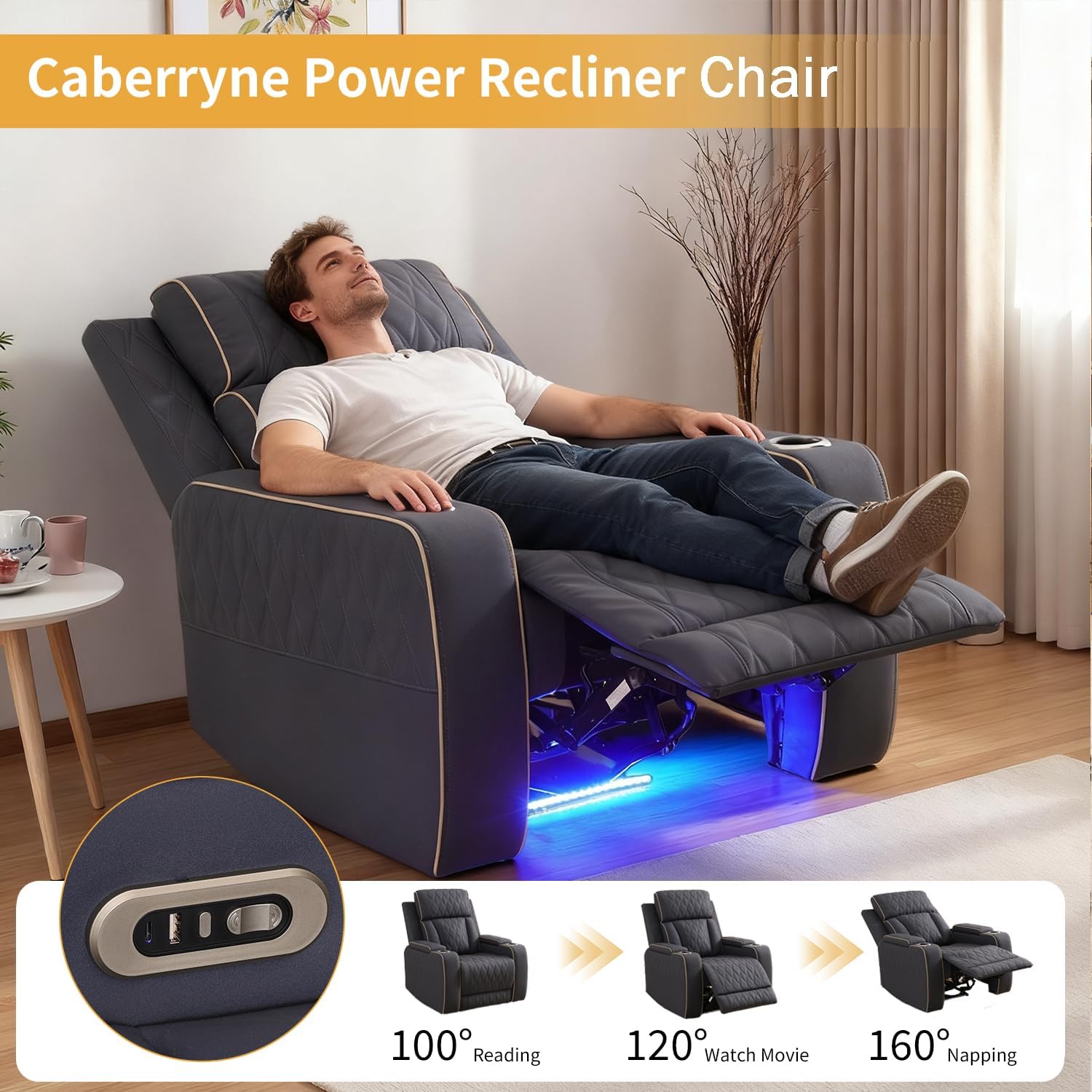Power Recliner Chair with LED Lights,Leather Reclining Couch with Storage Console/Arm Cup Holder for House/Home Theater/Small Space/Rv(Single Chair,Navy)