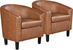Yaheetech Brown Accent Chairs Set of 2, Faux Leather Barrel Chairs, Comfy Modern Leather Club Armchairs with Soft Seat for Living Room Bedroom Reading Waiting Room, Brown