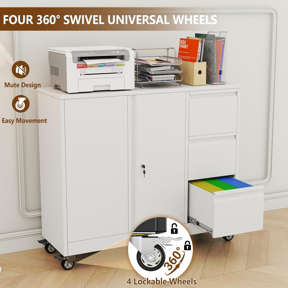 47" Rolling File Storage Locker Cabinet with 3-Drawer，Office Storage Cab...