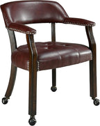 LEEMTORIG Dining Chairs with Casters and Arm, Large Rolling Dining Chairs with Wheel, Poker Table Chairs, Boss Caption's Chairs, 26"D x 25.2"W x 31.5"H, Espresso Legs & Wine Red Brown PU, XXY-1910-WR