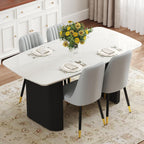 Ebullient White Marble Dining Table for 6–8, 67'' Modern Oval Kitchen Table with 3.5'' Thick White Marble-Patterned Tabletop and Matte Black Column Legs, Large Dining Room Table