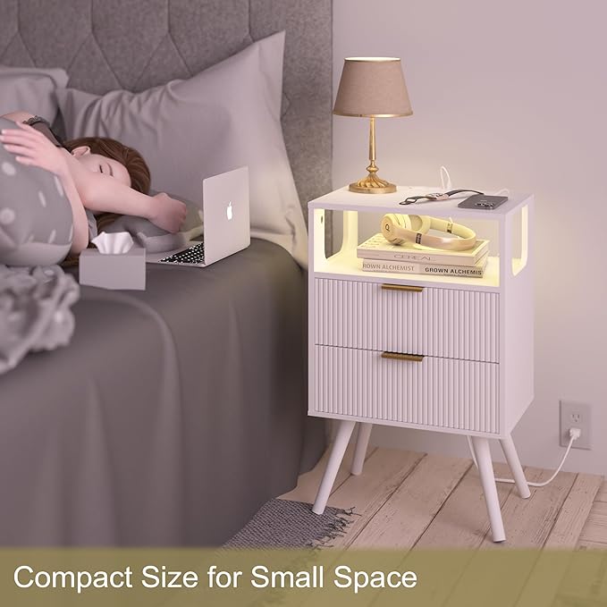 White Nightstand with Charging Station and LED Lights,Modern Bedside Table wi...