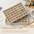 Large Velvet Jewelry Tray 2 Pack Stackable Jewelry Display Drawer Inserts Trays Organizer for Earring Bracelet Necklace Ring (Beige, 48 Grids)