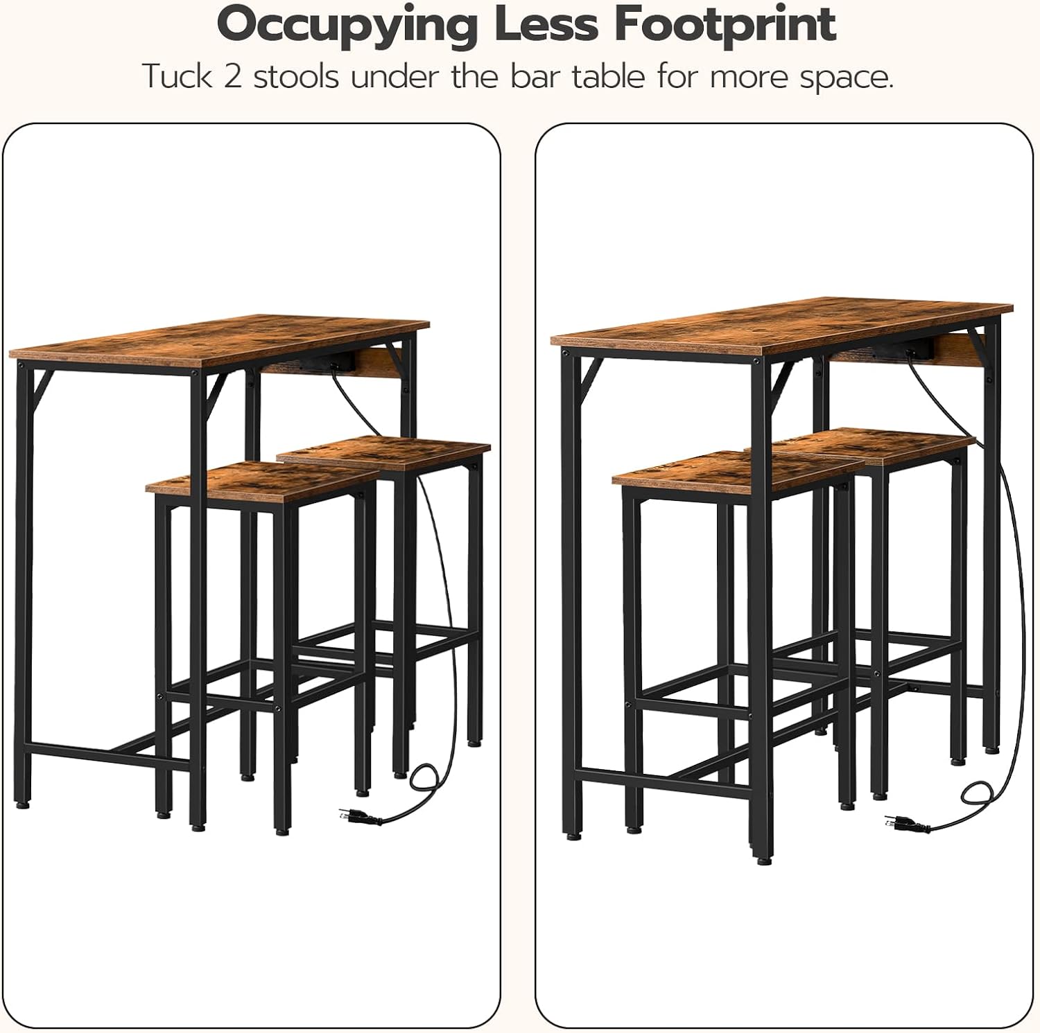 HOOBRO Bar Table and Chairs Set, 39.4" Dining Table Set with Power Outlet, 3-Piece Pub Table Set, Kitchen Bar Height Table with Stools of 2, Space Saving for Living Room, Rustic Brown BF45UBT01