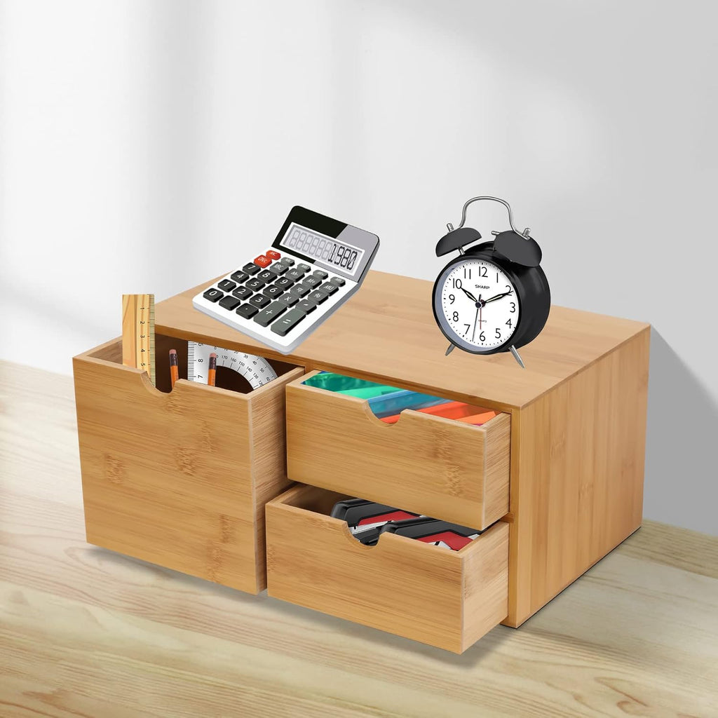 TFCFL Bamboo Desk Organizer with 3 Drawers, Wood Desktop Storage Box for Office Supplies, Natural Bamboo Drawer Organizer with Flat Top for Pen, Mail, Stationery Home Office Organization