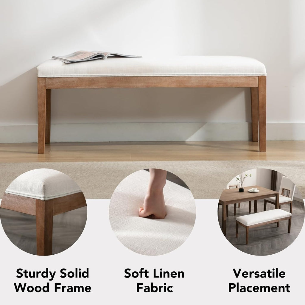 chairus Padded Entryway Bench Linen Upholstered Dining Table Benches Farmhouse Shoe Bench Seat for Hallway Bedroom End of Bed Vintage 45.5" Wooden Leg Benches for Kitchen Restaurant Window, Beige