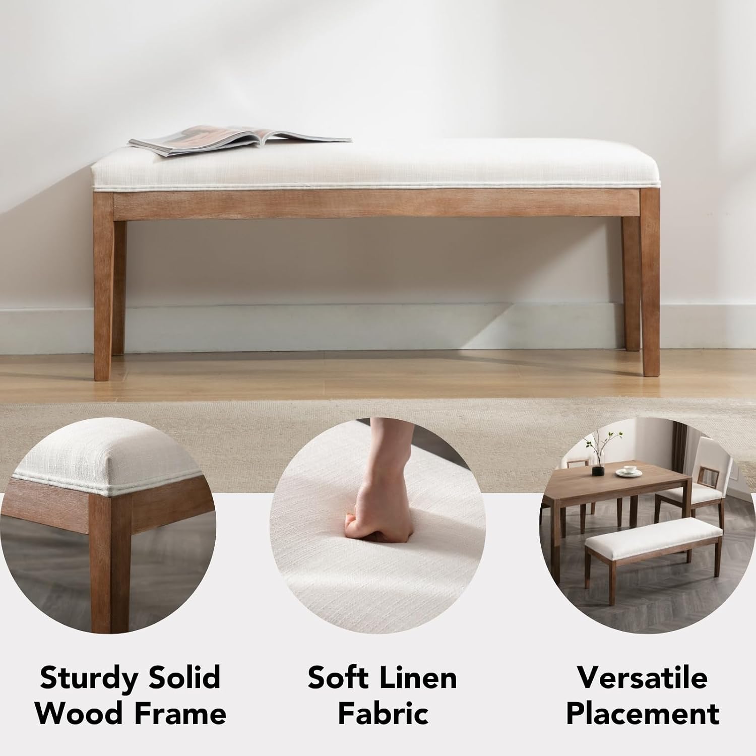 chairus Padded Entryway Bench Linen Upholstered Dining Table Benches Farmhouse Shoe Bench Seat for Hallway Bedroom End of Bed Vintage 45.5" Wooden Leg Benches for Kitchen Restaurant Window, Beige