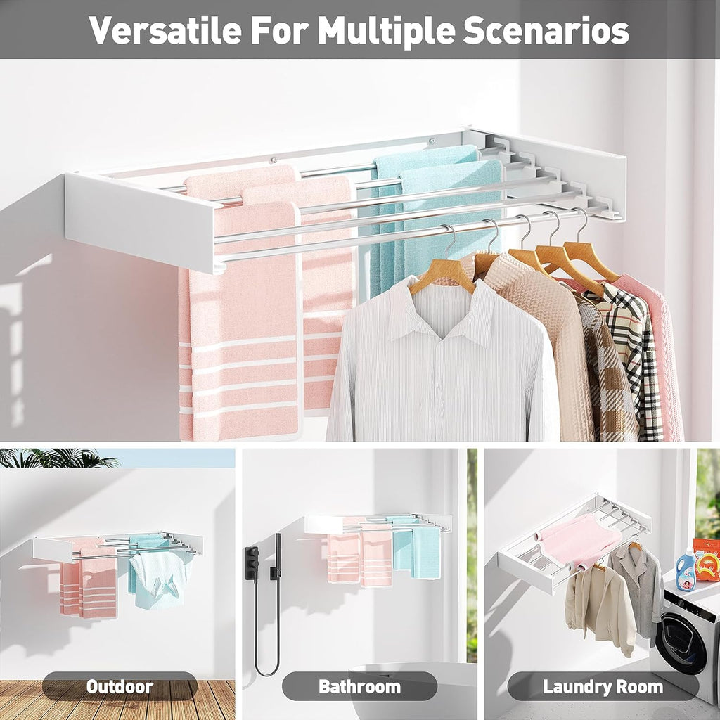 Wall Mounted Clothes Drying Rack, Extending Laundry Rack, Wall Mount Laundry Drying Rack Folding Indoor, 60lbs Capacity (5 Drying Rods, White 31.5")