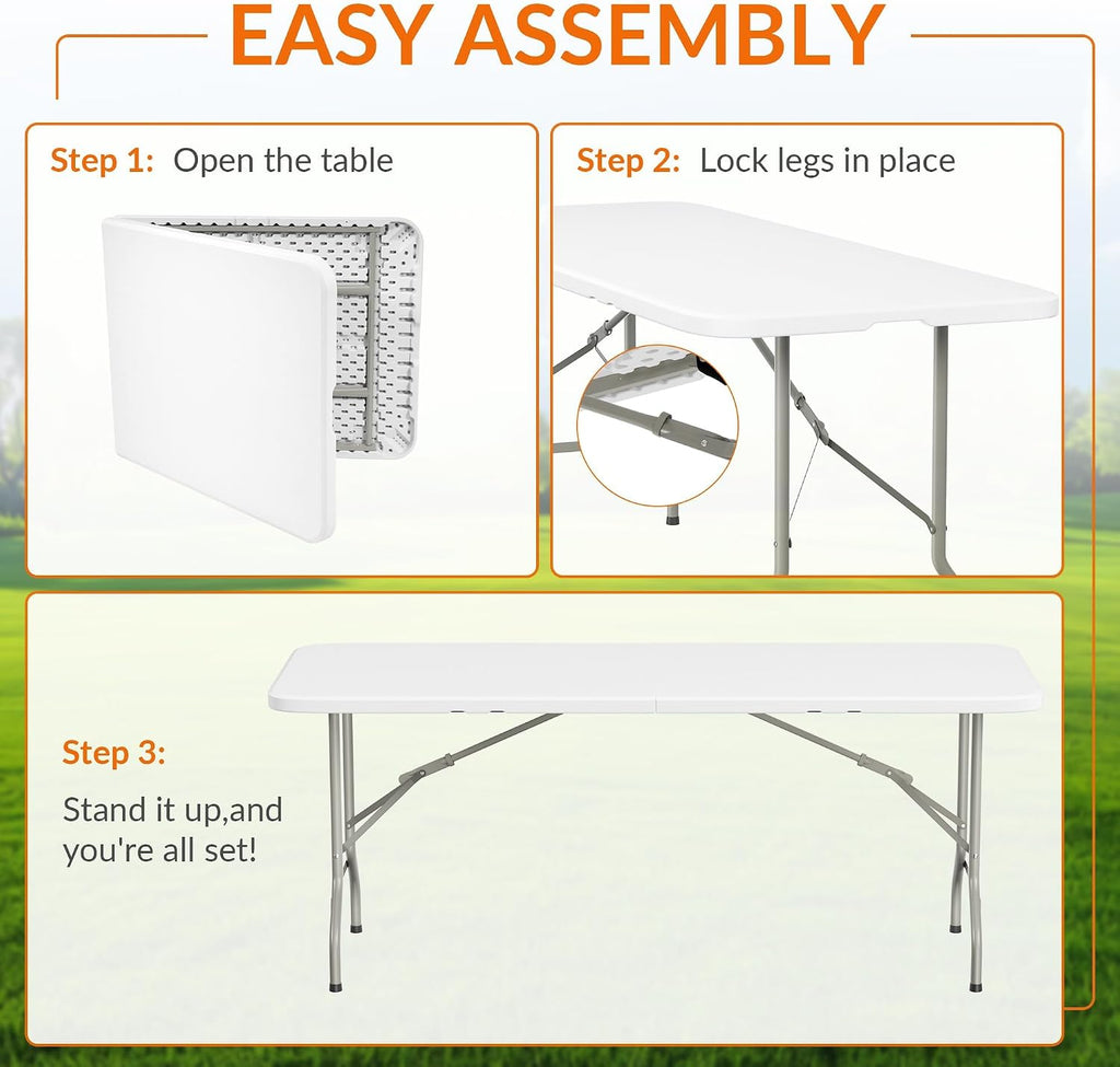 Elevon Folding Table, 6 Feet Heavy Duty Fold-in-Half Utility Table Indoor Outdoor for Camping, Picnic, Party
