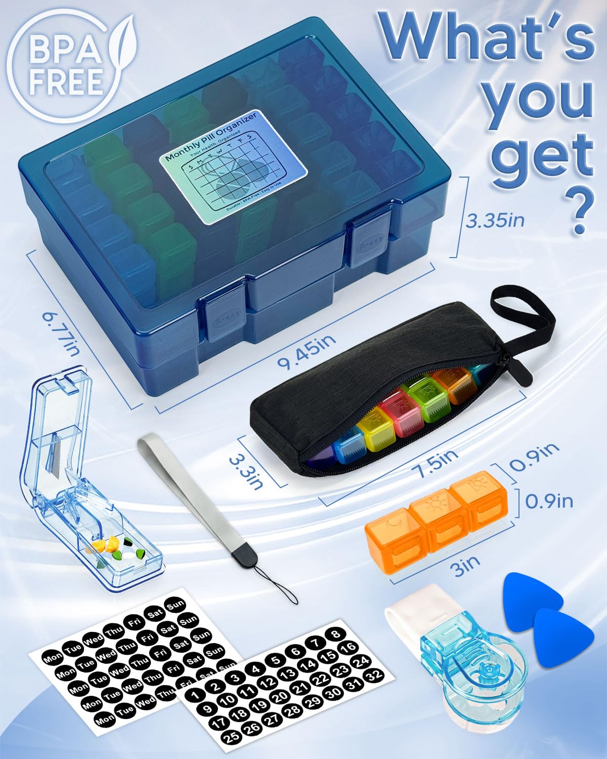 Monthly Pill Organizer 3 Times a Day, FRIWOLE Medicine Box with Portable Weekly Pill Bag, Keychain Pill Case, Pill Cutter and 2 Sticker (Blue, 3 Times a Day)