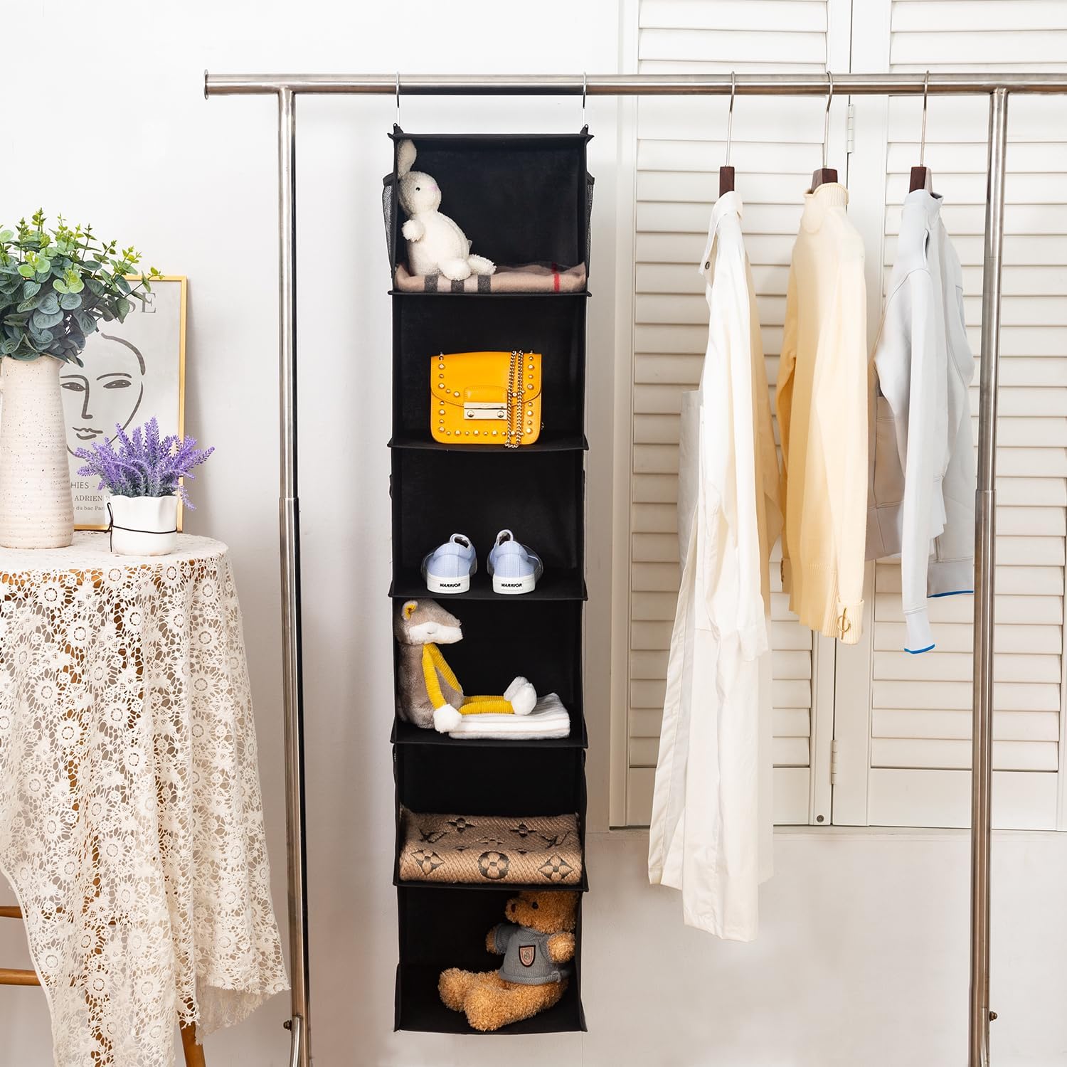 6 Shelves Hanging Closet Organizer, 2 Pack Hanging Storage with 4 Side Pockets for Clothes Shoes, 43.5"x12"x12"(Black)