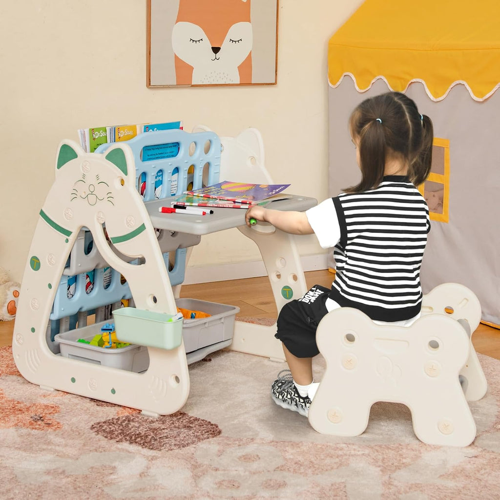 HONEY JOY Kids Table and Chair Set, 3 in 1 Convertible Art Easel & Display Bookshelf w/Magnetic Painting Board, Bottom Storage Shelf, Children Activity Table Set for Drawing Reading (Blue)