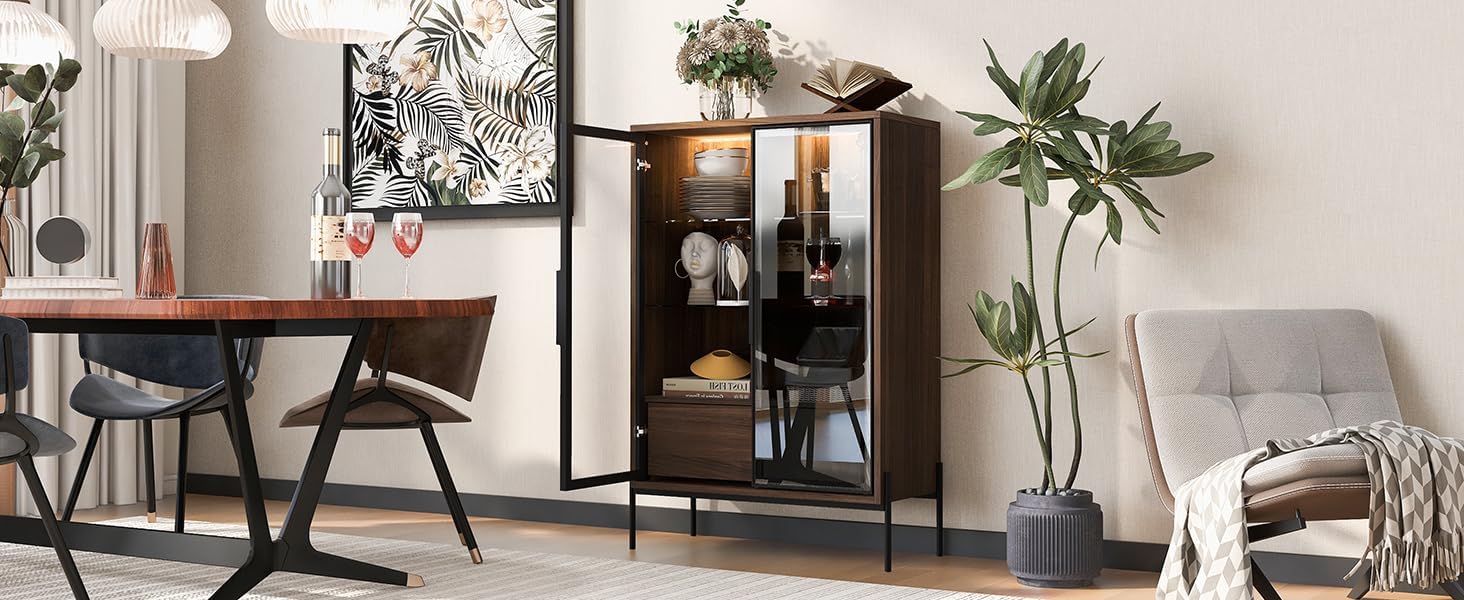 roomfitters 51.2'' Display Cabinet with Glass Doors, Pantry Storage Cabinet with Shelves for Living Room and Kitchen, Walnut