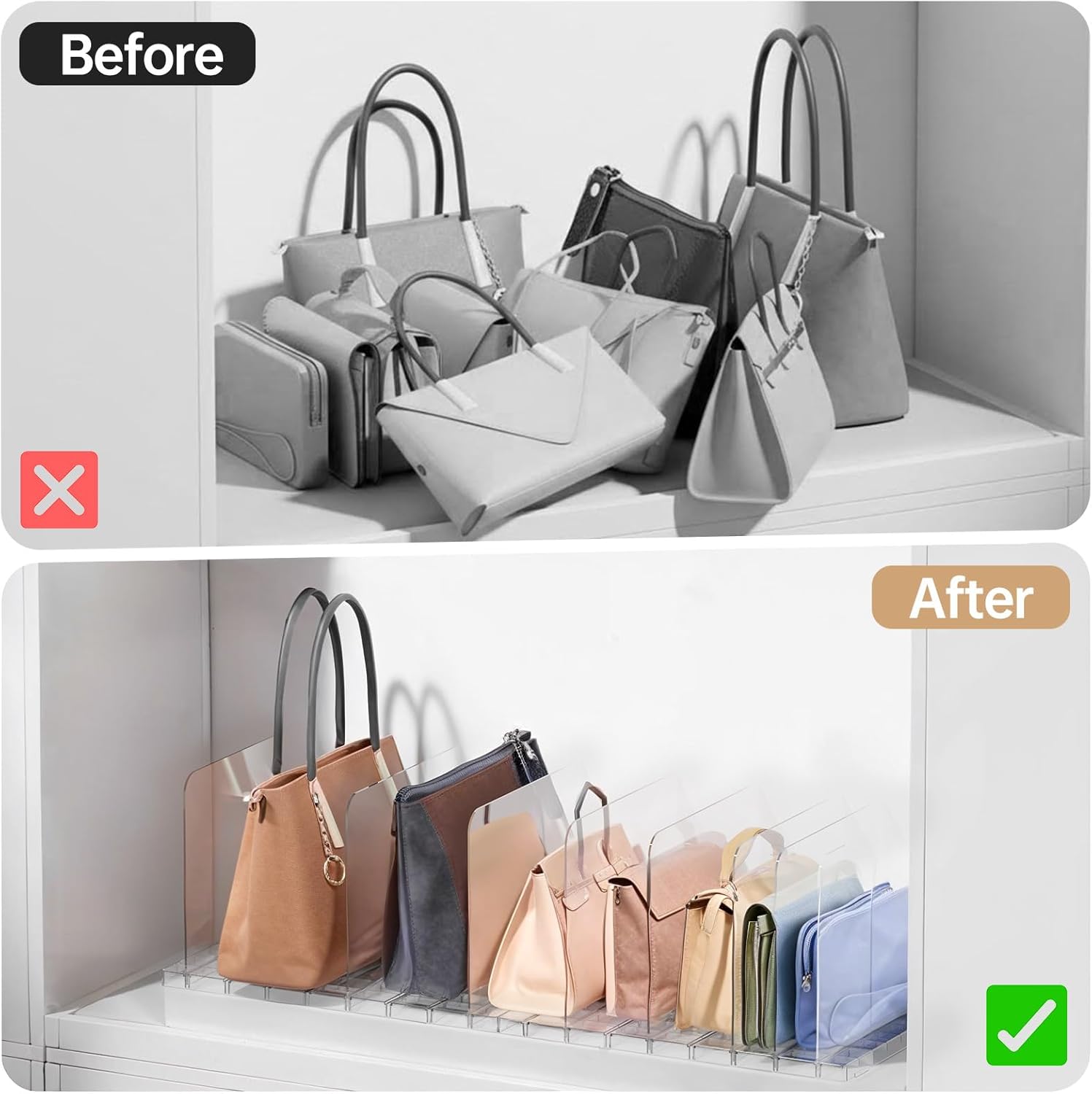 Purse Organizer for Closet, Stackable Handbag Storage Shelf, Adjustable Clear Shelf Dividers, Keep Clutch, Bag, Pocketbook Upright, for Bedroom
