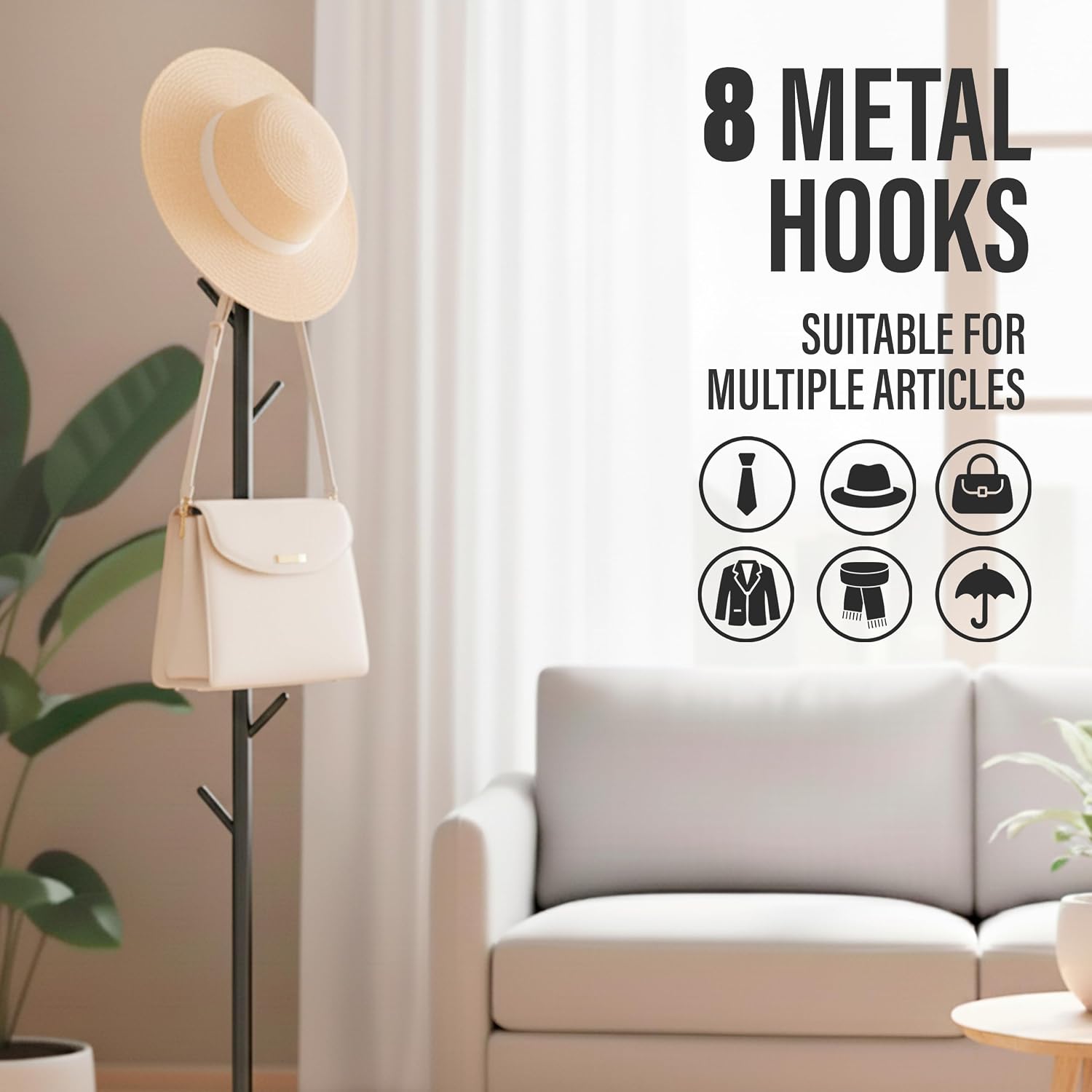 Coat Rack with Real Marble Base, Freestanding Metal Clothing Rack with 8 Hooks, Modern Hall Tree for Entryway, Bedroom & Office, Space Saving Coat Hanger Stand for Small Spaces (Black)
