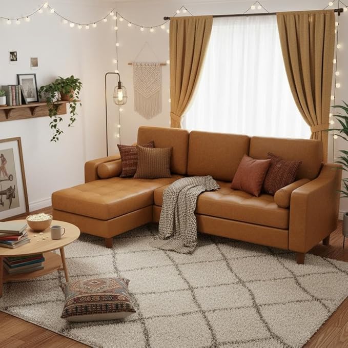 GarveeHome 88.9" L-Shape Sofa with Convertible Chaise, Sectional Leather Sofa with Deep Seat, Mid-Century Modern Sofa for Living Room, 3 Seat Leather Couch, Cognac Tan