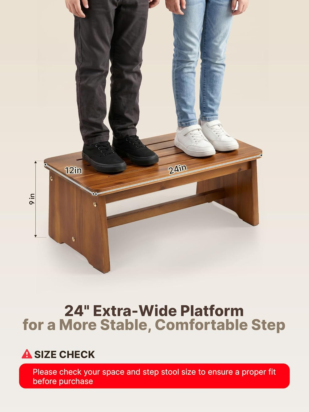 TINAMO 24" Extra Wide Wooden Step Stool with Crossbar, Holds up to 300 LBS