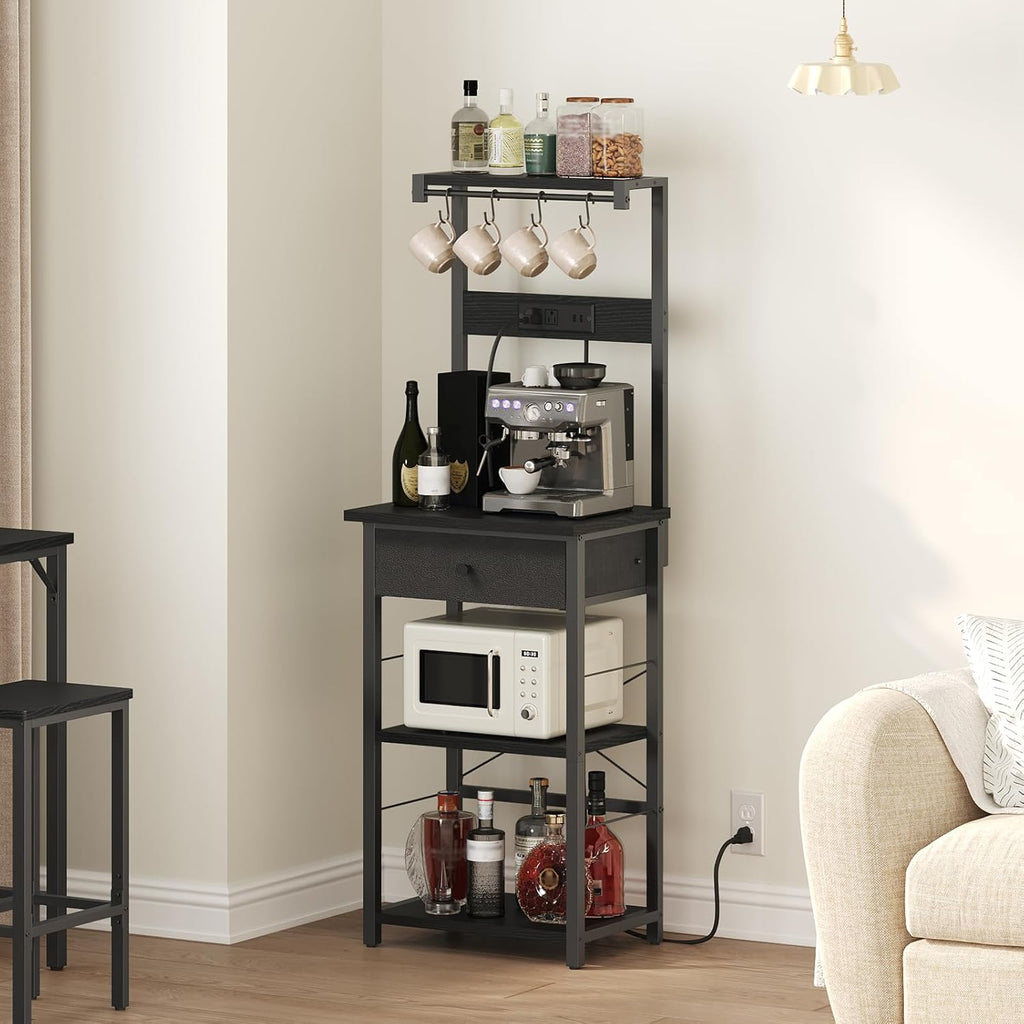MAHANCRIS Bakers Rack with Drawer, Microwave Stand with Power Outlet, Coffee Bar Station with 4 Hooks, Kitchen Storage Shelf Rack 4 Tiers, for Kitchen, Dining Room, Black BRBK48E01