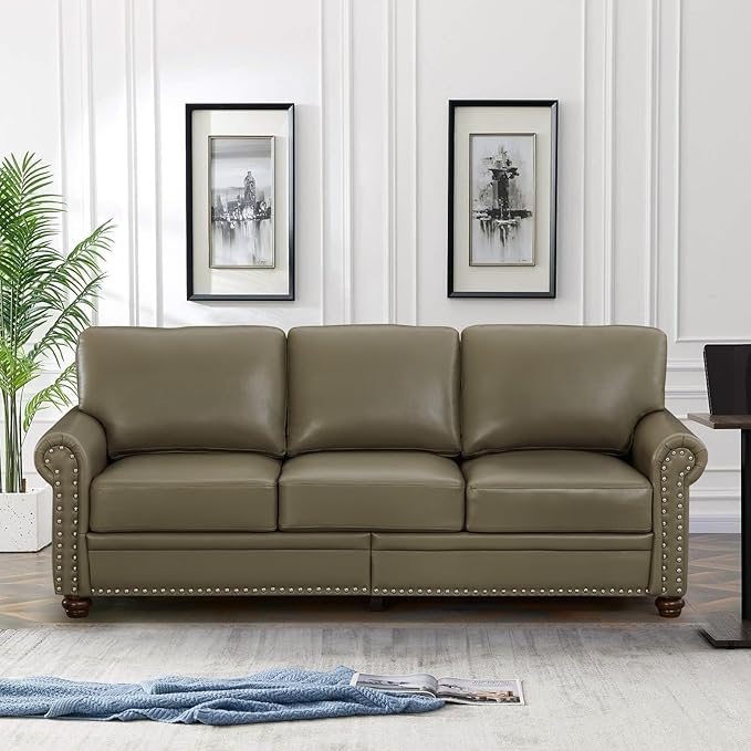 Faux Leather Sofa,82" W Mid Century Modern Couch with Storage Place,Oversized 3 Seater Sofa with Nailhead Trim&Rolled Armrests,Deep Seat Comfy Couch for Living Room,Bedroom,Apartment,Office(Taupe)