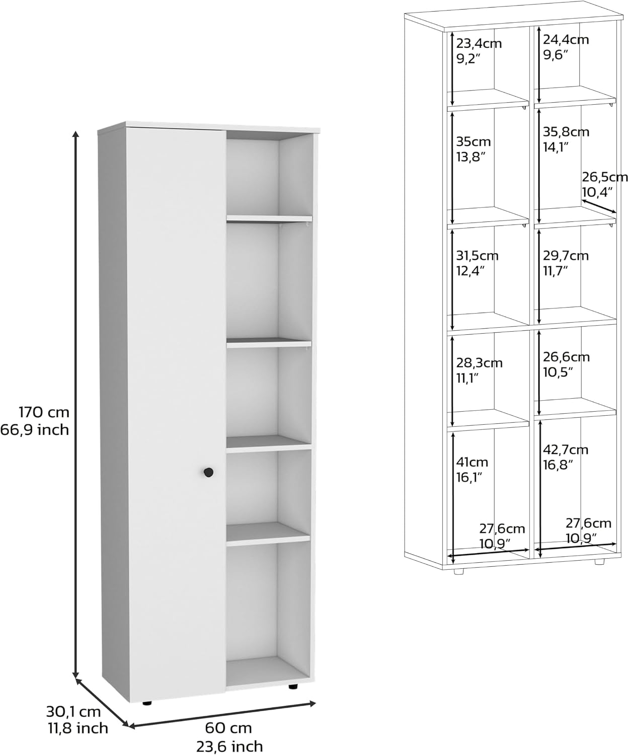 67" H Kitchen Storage Cabinet with One Door,Five Interior Shelves and Five Exterior Shelves,for Dining Living Room,White