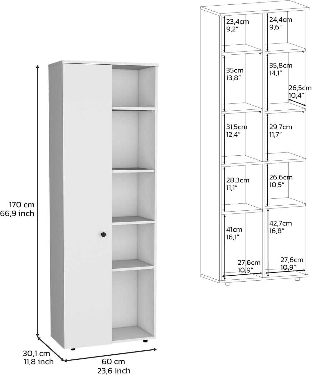 67" H Kitchen Pantry, White Storage Cabinet with 1 Door, 5 Interior Shel...