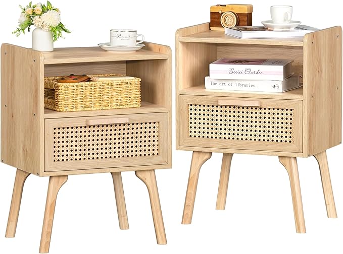 Lerliuo Rattan Nightstands Set of 2, Boho Side Table with Drawer Open Shelf, ...