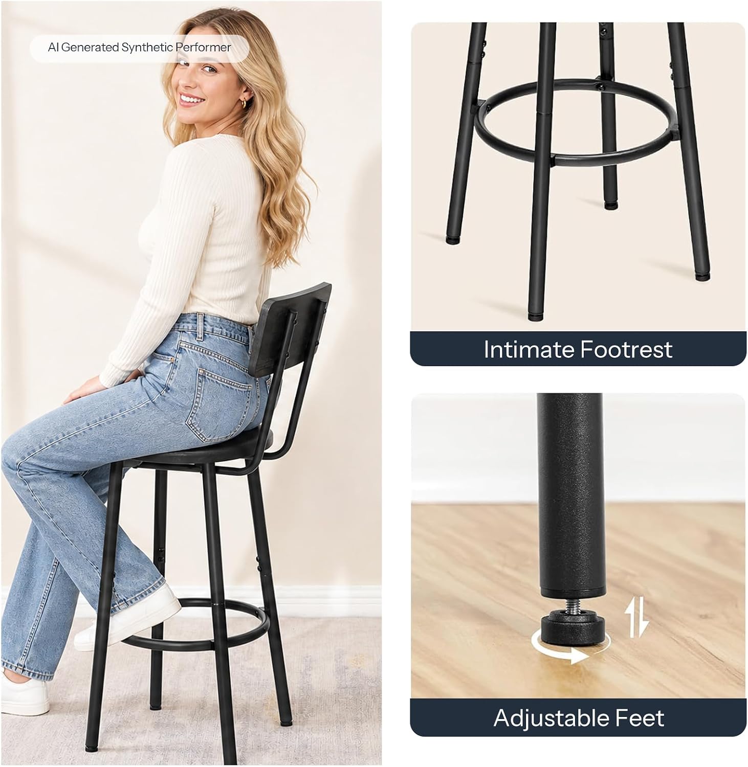 HOOBRO 3 Pieces Round Bar Height Table and Chairs Set, Round Dining Table Set, Pub Table and Chairs for Small Space, 2 Tier Kitchen Table and Bar Stools with Back, Black BB35BT01