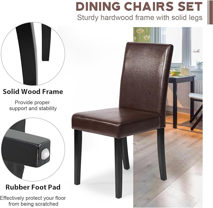 FDW Dining Chairs Set of 4,Dining Room Chairs,Side PU Cushion Chairs with Waterproof Surface and Wood Legs,for Kitchen Restaurant and Living Room,Leather Brown