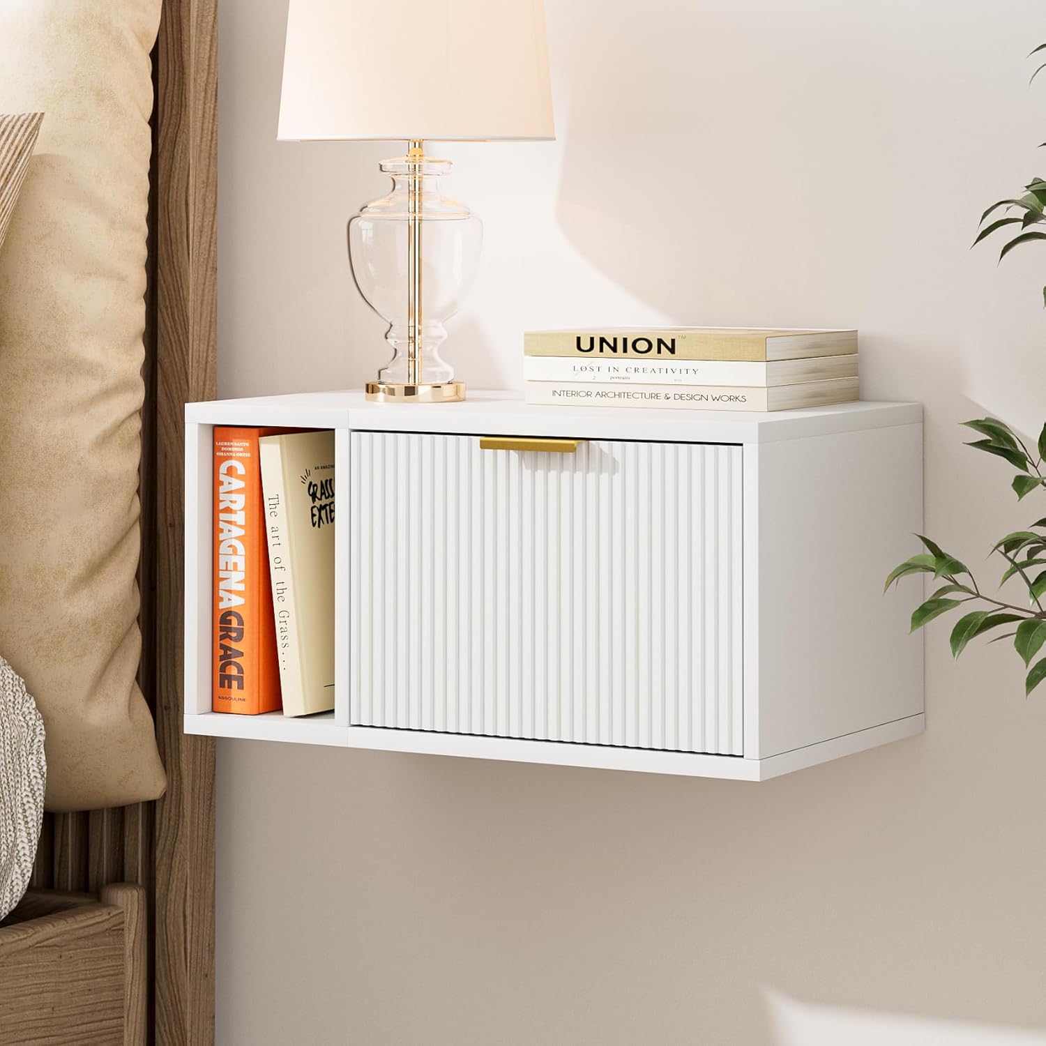 Masupu Floating Nightstand, Wall Mounted Floating Bedside Table with Storage Drawer and Open Shelf, Modern Bedroom Nightstand, 19.3" x 11.4" x 10", White