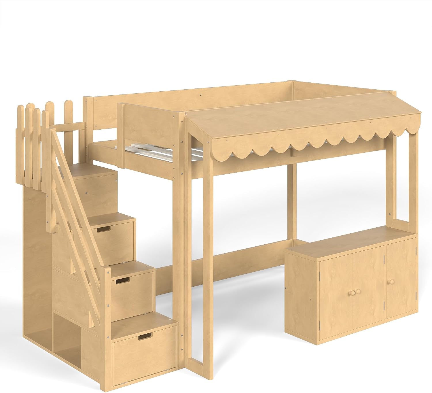 Twin Size Wood Loft Bed with Storage Stairs and Pretend Store Counter (Twin)