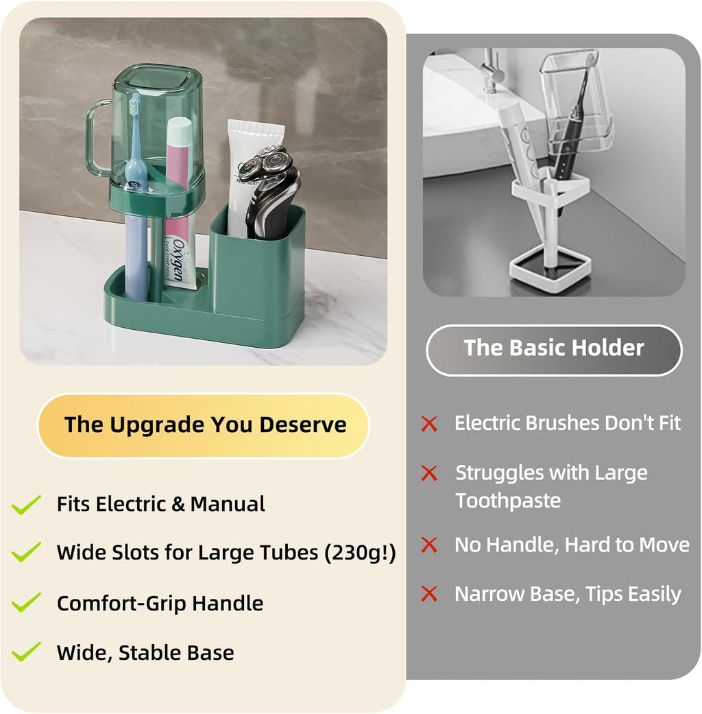 Toothbrush Holder with Cup/Cover Contains 2 Slots, Bathroom Counter Organizer for Electric Toothbrush, Toothpaste, Razors & Small Comb, Tooth Paste Holder for Home Hotel Countertop, Green