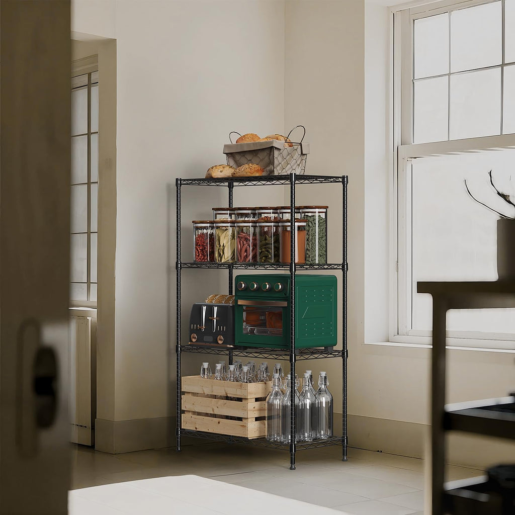 1000 lbs 4Tier Shelf Metal Storage Shelves Wire Rack Closet Organizers with Wheel for Garage Kitchen Bathroom Laundry Black 13.7" D x 23.6" W x 53.4" H