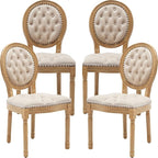 French Country Dining Chairs Set of 4, Beige Kitchen & Dining Room Chairs, Velvet Kitchen Chairs, Tufted Upholstered, Wood Legs, Sillas De Comedor (Velvet, Beige, 4 Pcs)