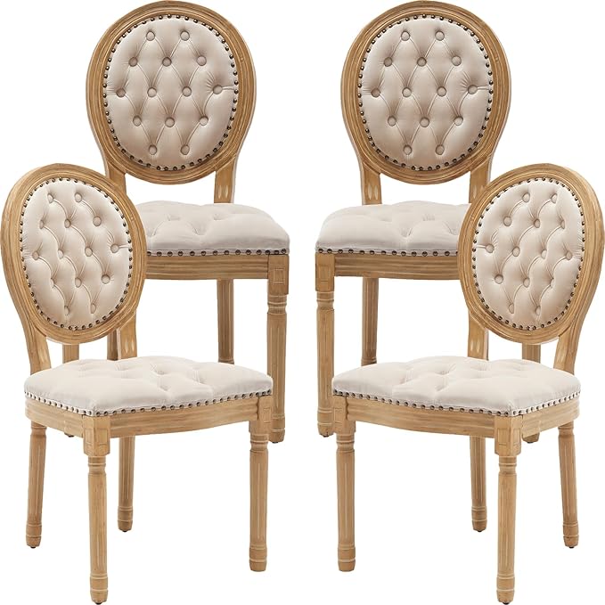 French Country Dining Chairs Set of 4, Beige Kitchen & Dining Room Chairs, Velvet Kitchen Chairs, Tufted Upholstered, Wood Legs, Sillas De Comedor (Velvet, Beige, 4 Pcs)