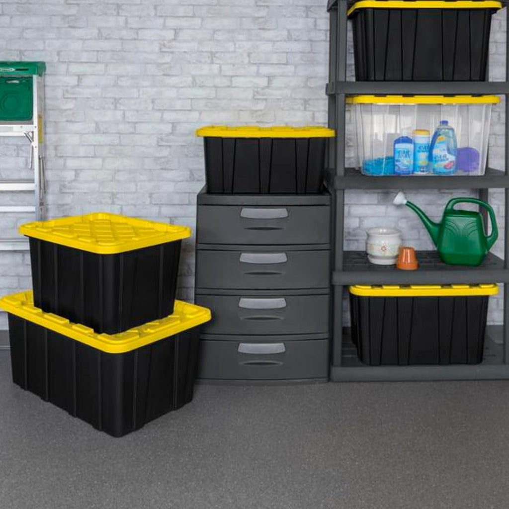 Sterilite Industrial Storage Tote with Lids for Garage, 27 Gallon, 4-Pack | Heavy-Duty and Stackable Utility Box Containers for Home, Office, and Basement Organization, Black/Yellow