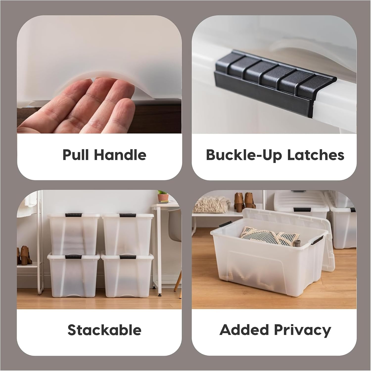 IRIS USA 54 QT Plastic Storage Box with Lid and Latches - 4 Pack - BPA-Free, Discreet Organizing Solution, Durable Nestable Stackable Containers, Secure Pull Handle - Pearl