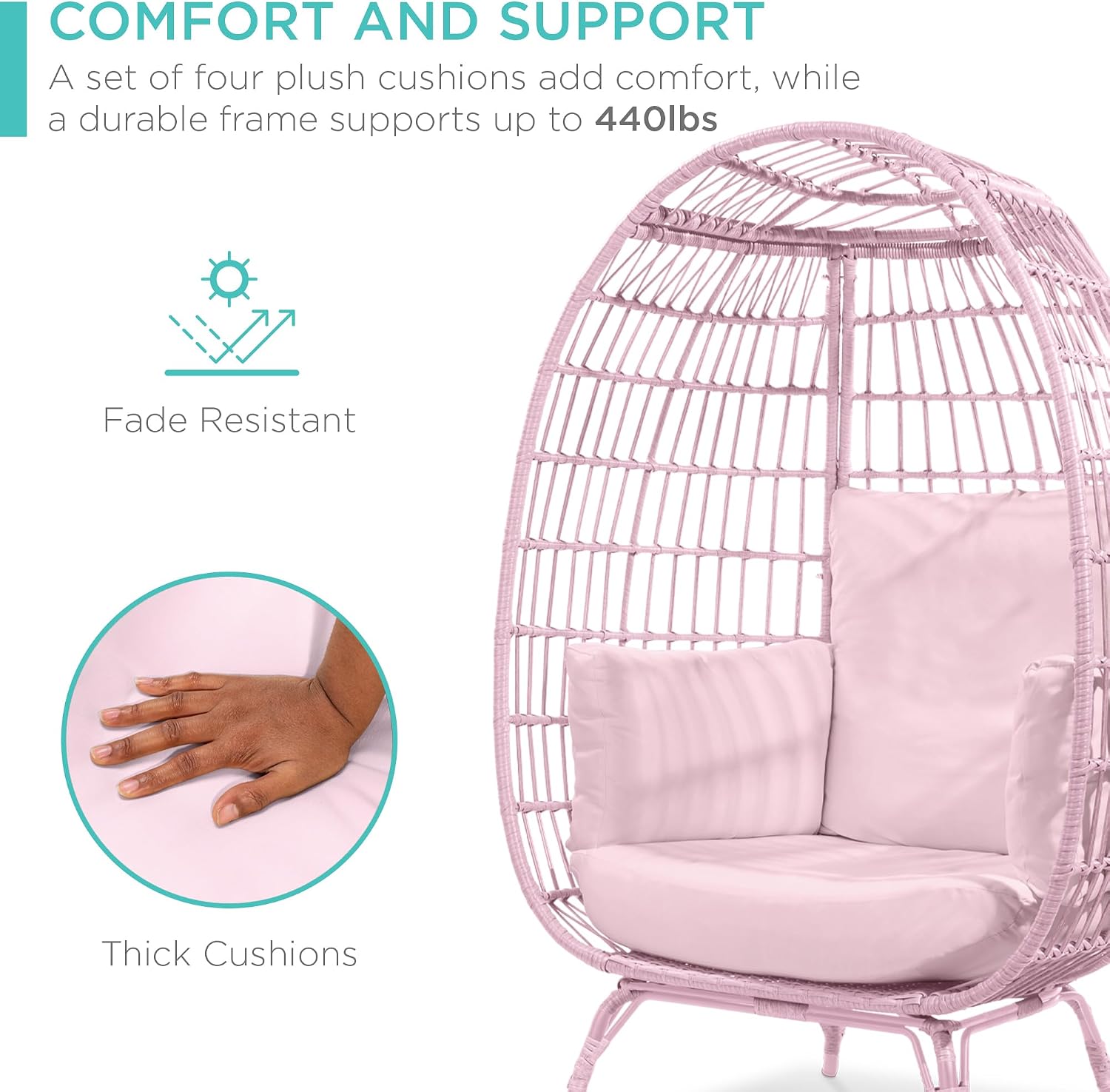 Best Choice Products Wicker Egg Chair, Oversized Indoor Outdoor Lounger for Patio, Backyard, Living Room w/ 4 Cushions, Steel Frame, 440lb Capacity - Pink/Pink