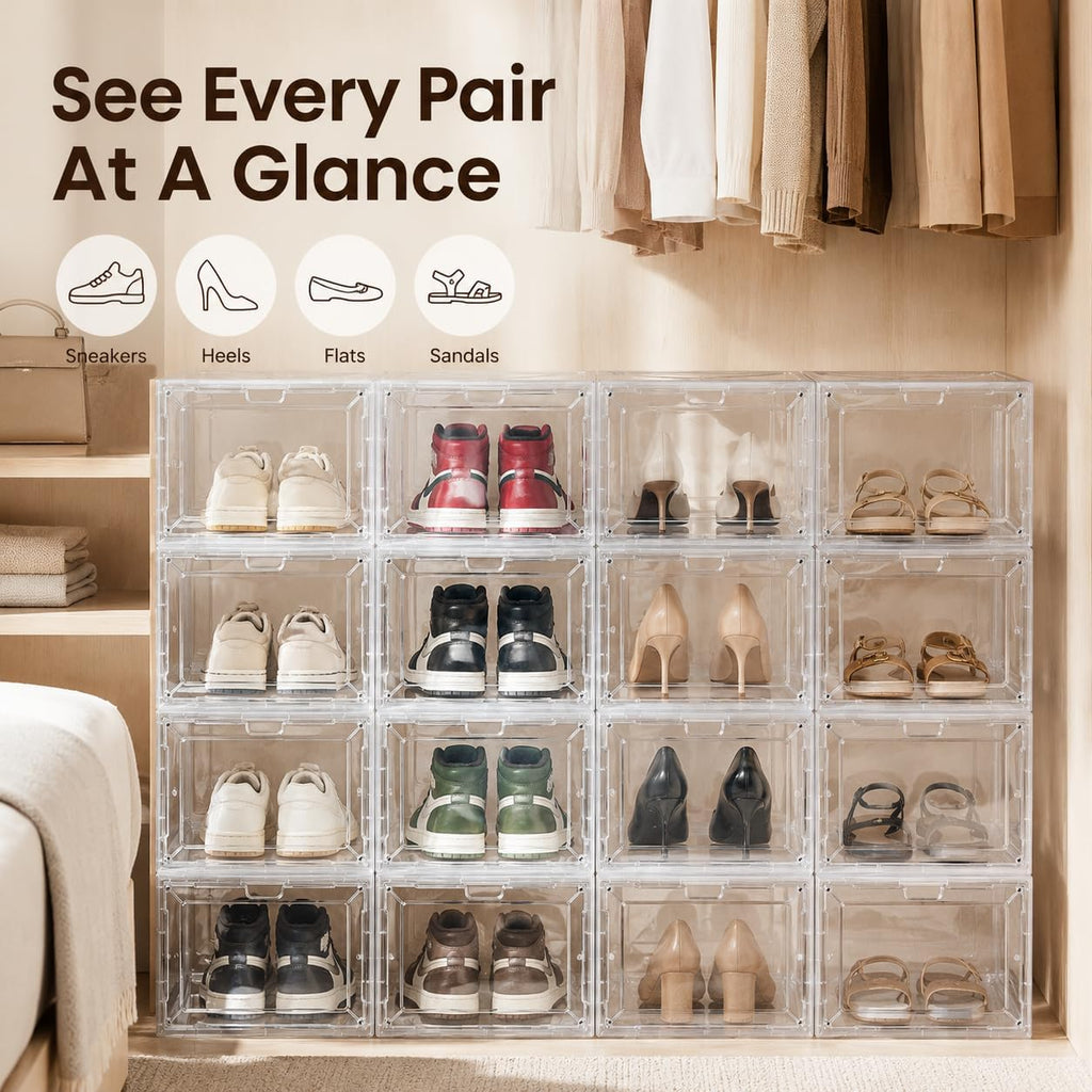 Clear Shoe Storage Box, 2026 2nd Gen Thickened Hard Plastic Stackable Organizer with Magnetic Door, Folding Shoe Rack for Closet, Large Sneaker Display Case for Sneakers and Ankle Boots,1 Pack