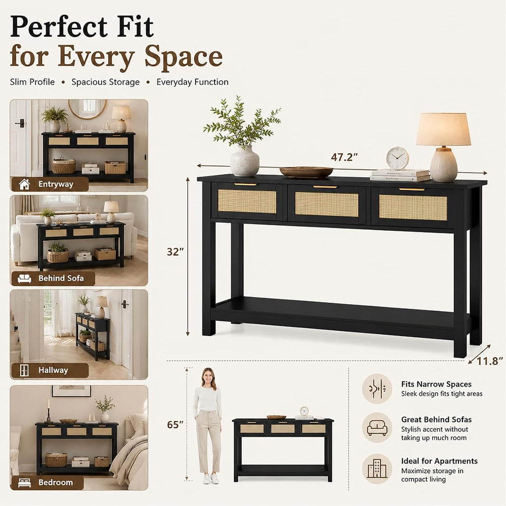 Luoxiao Rattan Console Table 3-Drawer 47" Narrow Black Entryway Sofa Tab...