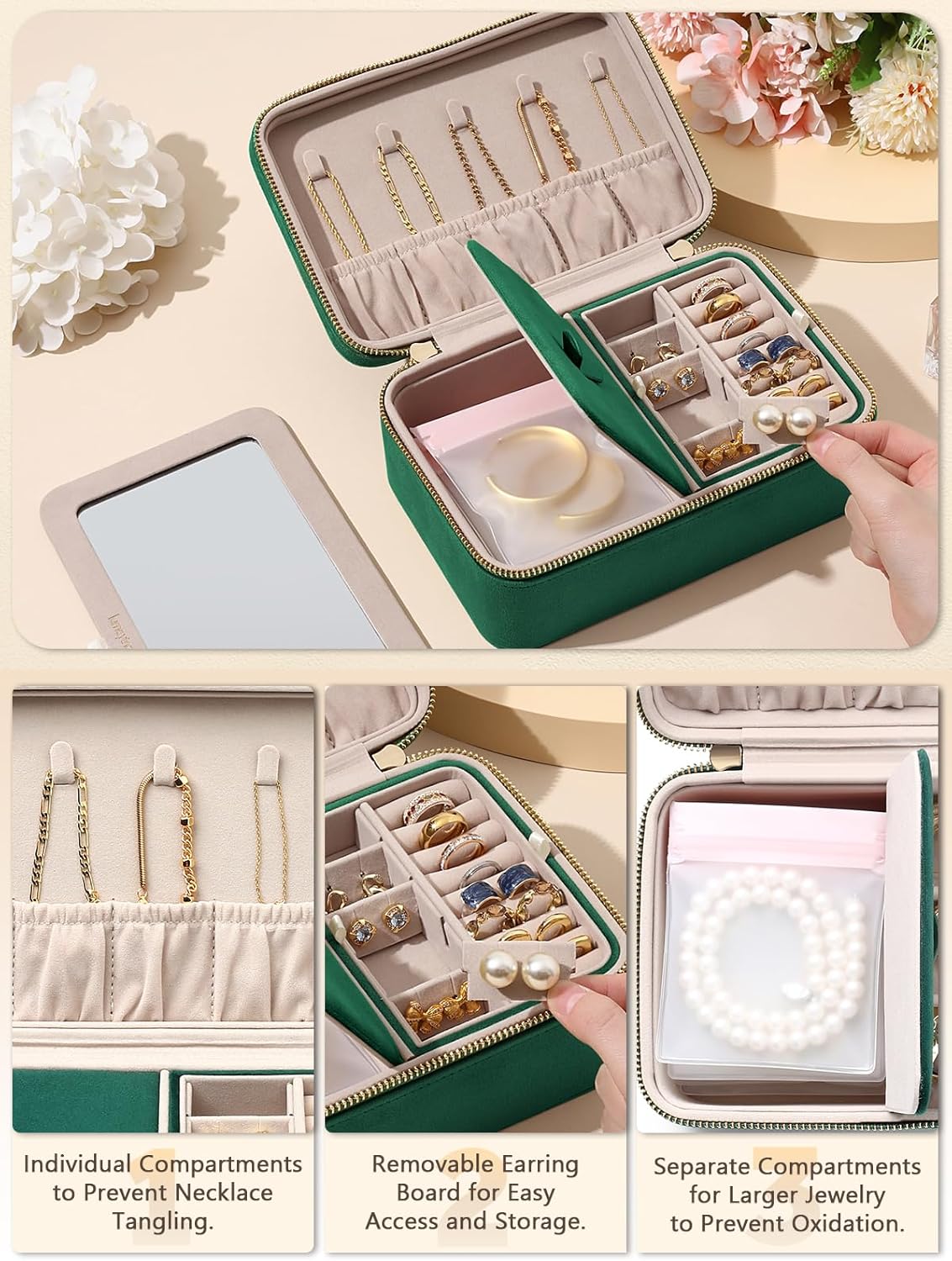 Velvet Travel Jewelry Box with Large Mirror, Double-Layer Jewelry Organizer Case for Women and Girls, Portable Storage Case with 6 Anti-Tarnish Bags Gift Ready for Her (Emerald Green)
