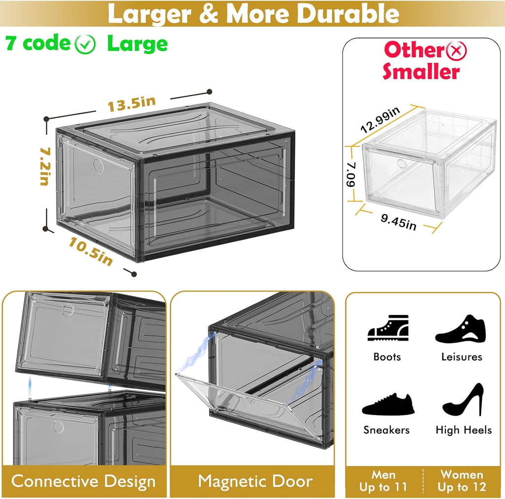 12 Pack Clear Shoe Storage Organizer with Magnetic Door, Stackable Plastic Shoe Boxes for Sneakers, Boots, and Heels, Space-Saving Foldable Shoe Rack for Closet, Durable Shoe Cabinet Organizer, Black