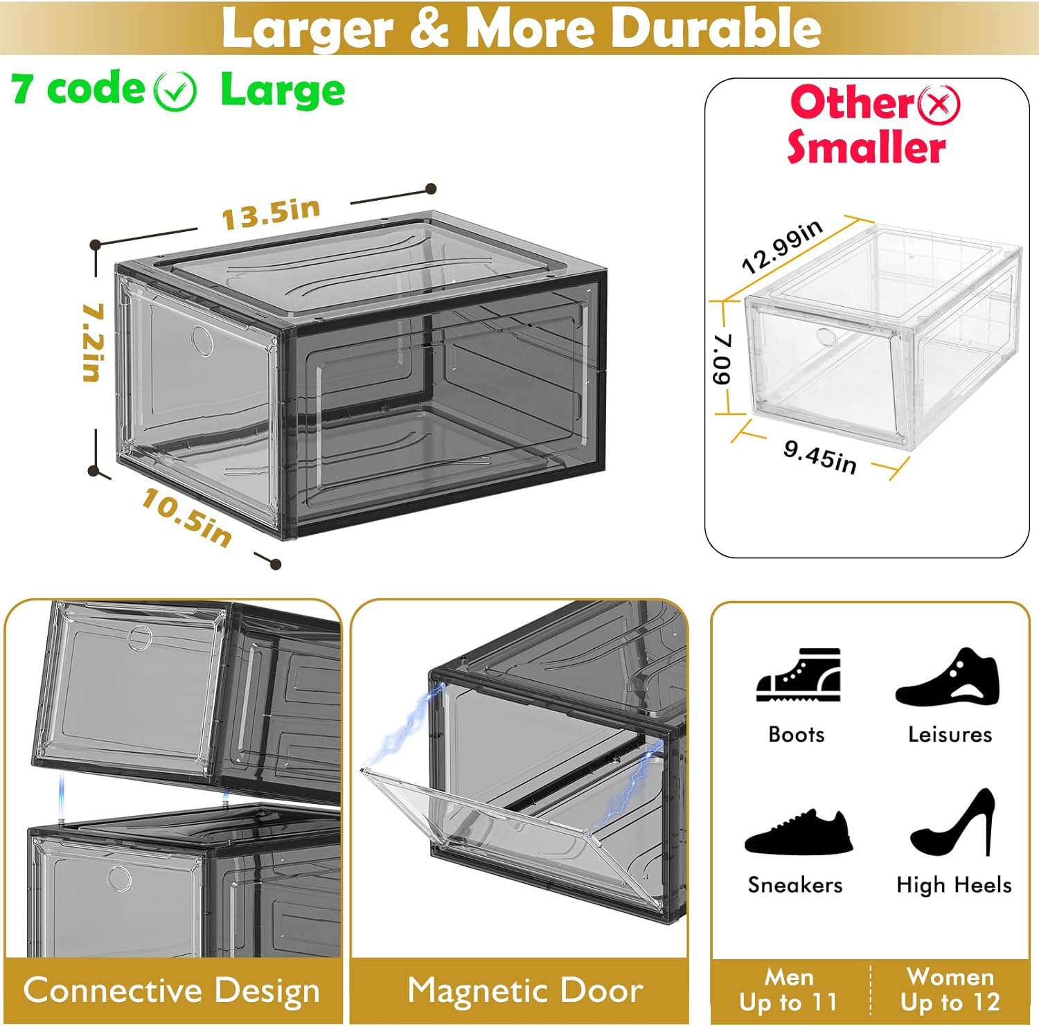 7 code Large Clear Shoe Boxes Organizer【Thicker Material】 Stronger Shoe Box with Magnetic Door, Stackable Shoe Storage Box for Closet, Foldable Space-Saving Storage Bins Shoe Cabinet, Black 9-Pack