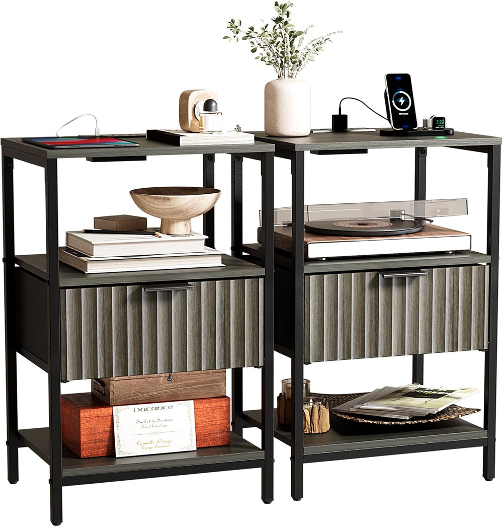 Bonnlo Fluted Nightstand Set of 2, End Table with Fabric Drawer with Charging...