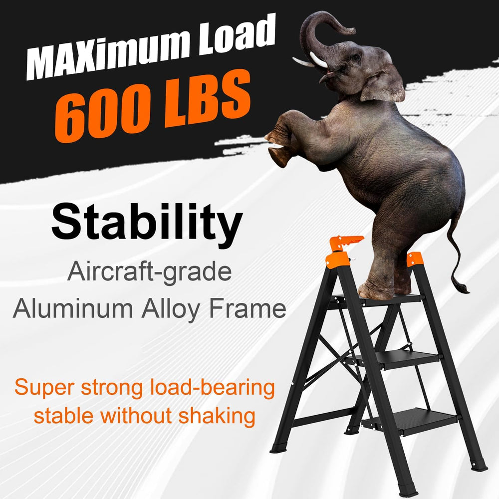3 Step Ladder with Single Handrail, Retractable Handle 3 Folding Step Stool