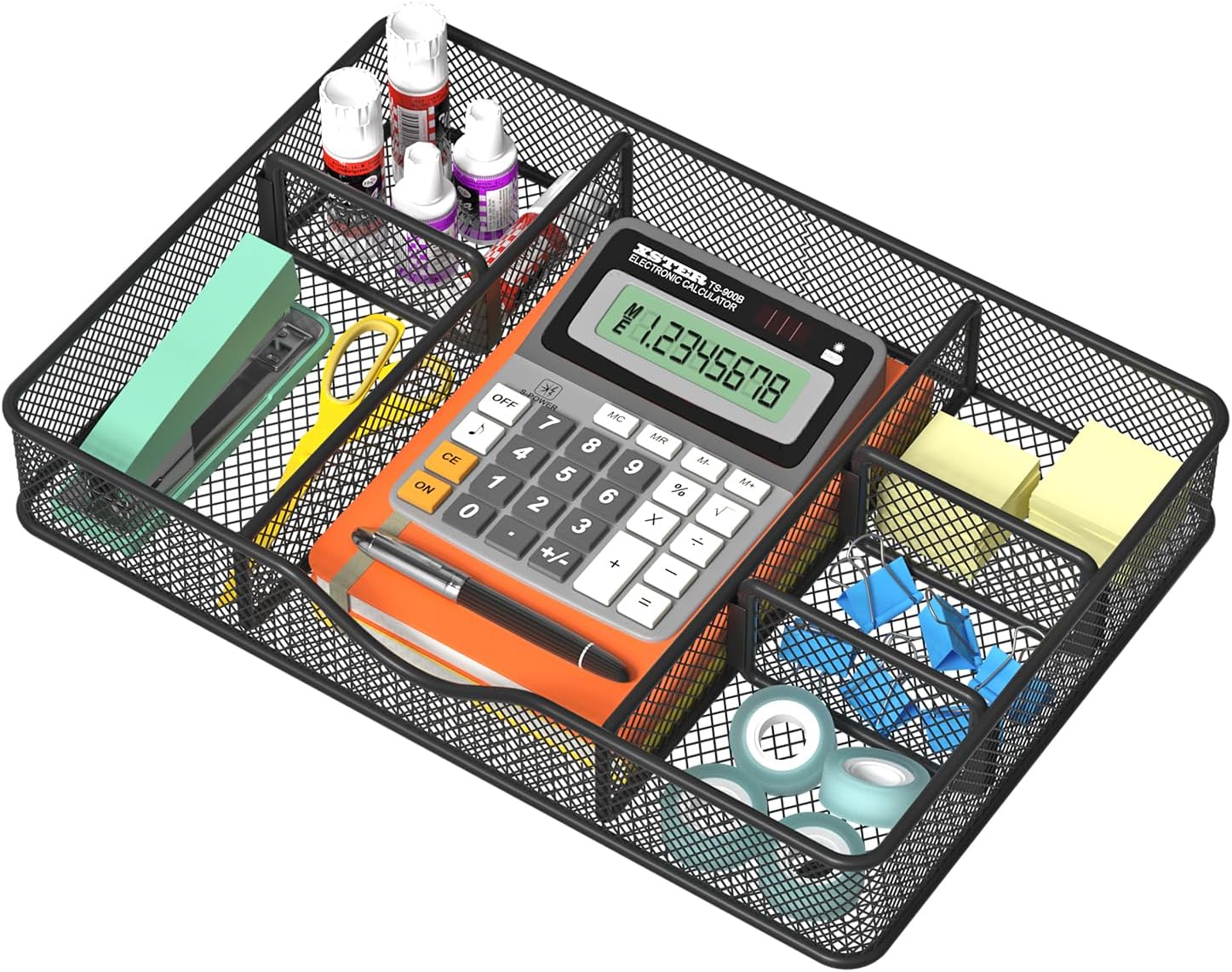 Desk Drawer Organizer, Metal Mesh Drawer Organizer Tray with 6 Adjustable Compartment, Tray Organizer for Desktop, Kitchen, Bathroom, Makeup, Vanity - 14.5x8.8x1.96 inch, Black, 1PC Large