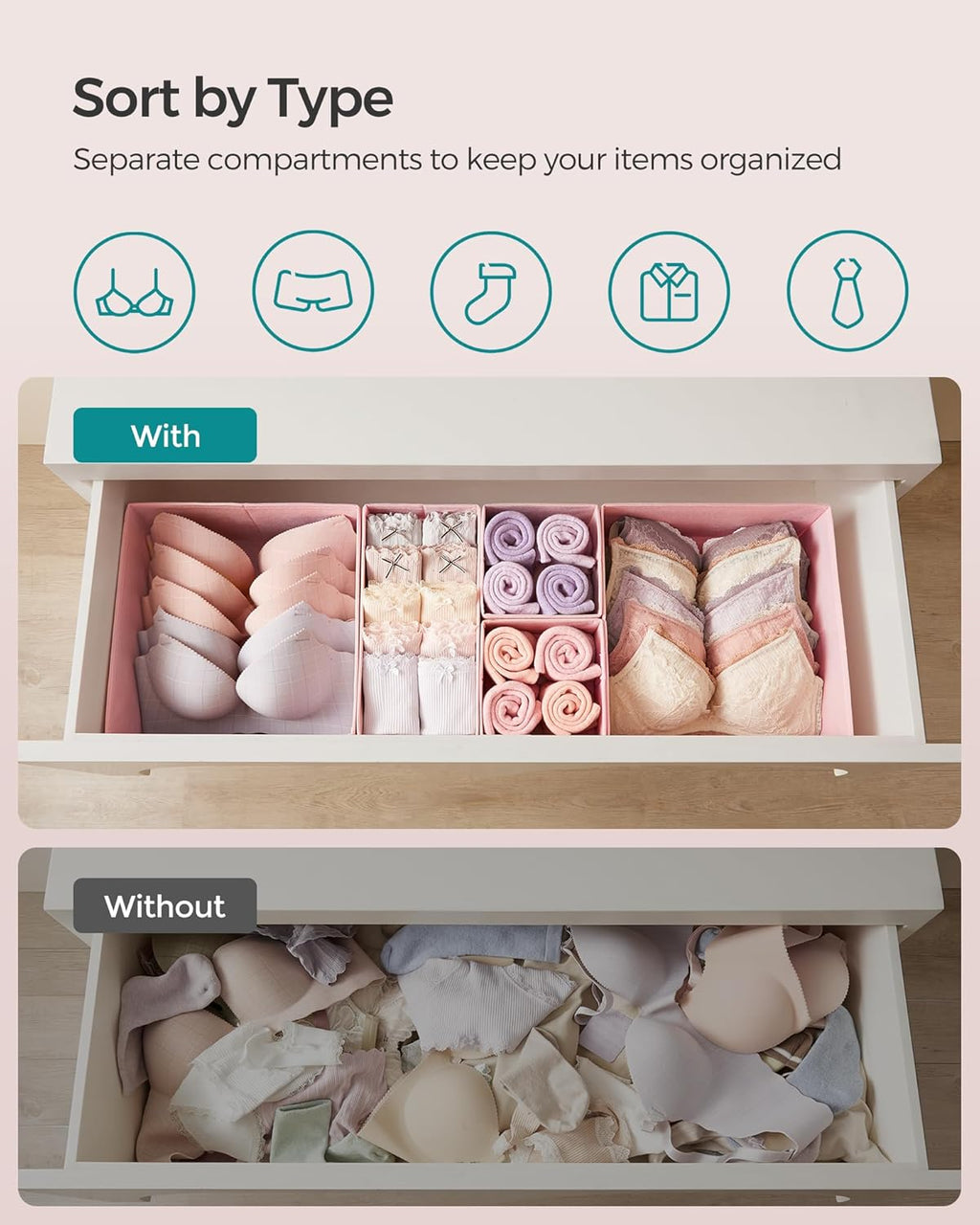 SONGMICS Drawer Organizers, Dresser Divider Organizers, Set of 12, Foldable Fabric Storage Boxes for Socks, Underwear, Bras, Ties, Scarves, Jelly Pink URDZ006R01