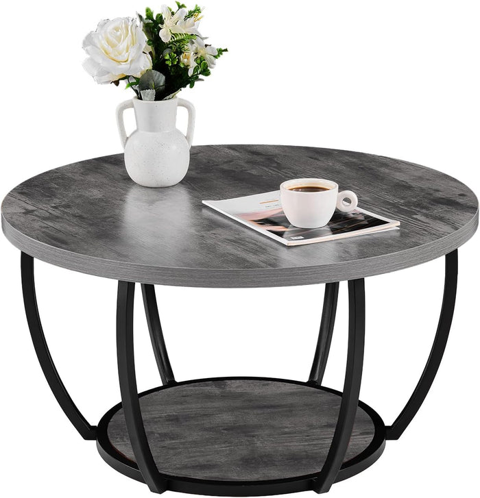 VEVOR Coffee Table, 31.5" Modern Round Coffee Table, 2 Tiers Wooden Circle Center Desk with Open Storage, Minimalist Sturdy Metal Frame Accent End Desk for Living Room, Office, Easy Assembly, Grey